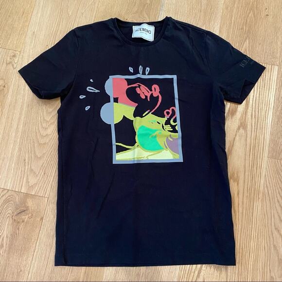 Iceberg Short Sleeve Crew Neck with  Multicolor Mickey Mouse Square Tee in Black - Picture 1 of 7